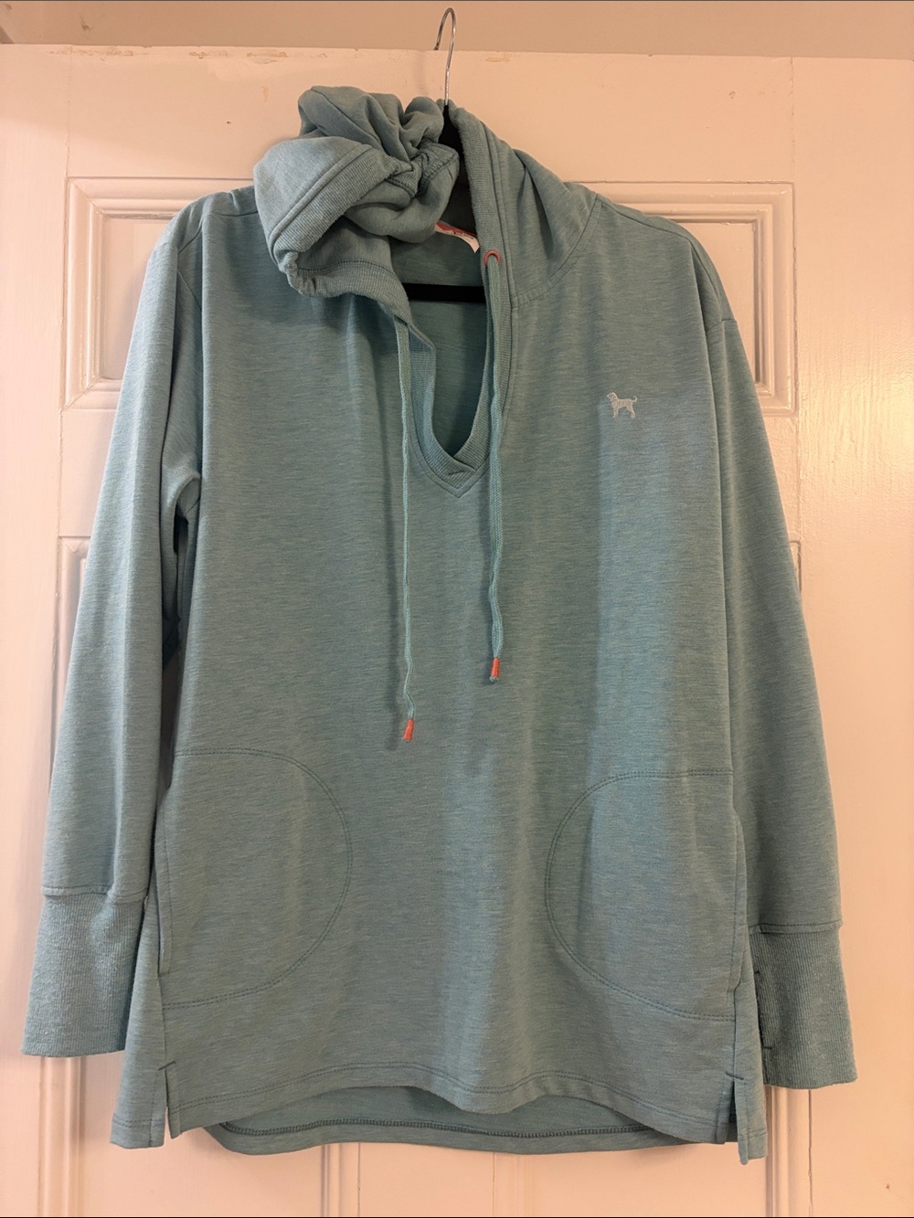 The Black Dog Light Aqua Hoodie with Coral Trim Accents